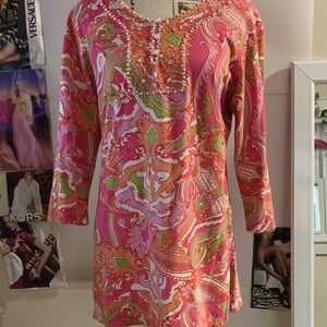 Soft Surroundings Pink and Green Paisley Top